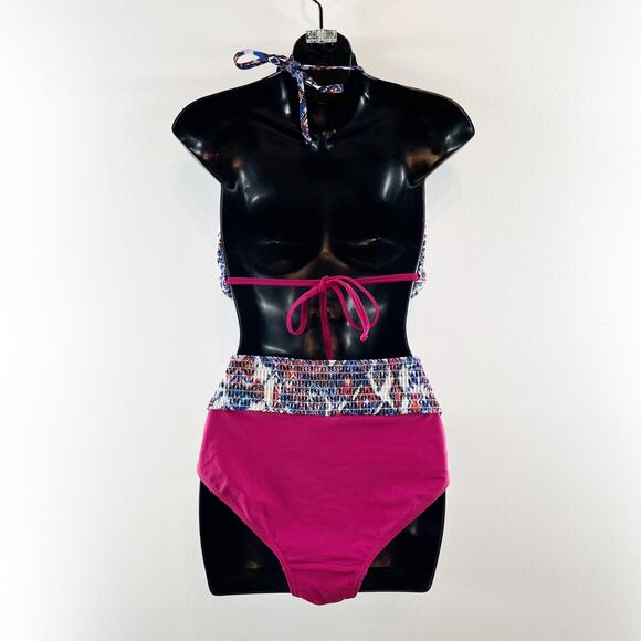 Swimsuits for All Smocked Triangle Top & Bikini Bottom Set Blue Pink 18 - Picture 13 of 15